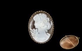 Large Shell Cameo Depicting A Maiden Facing Left, Mounted In A 9ct Gold Frame With Rope Twist Edge.