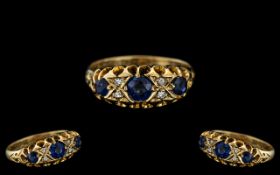 Antique Period - Attractive 18ct Gold Sapphire and Diamond Set Ring, Gallery Setting.