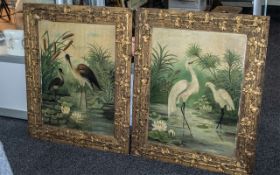 Large Victorian Japanese Pair of Oil on Boards In Original Frames of Exotic Birds.