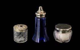 A Trio of Antique Period Silver Lidded / Topped Glass Pieces, All Fully Hallmarked.