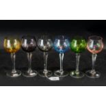 Set of Six Harlequin Hock Glasses, in pink, mauve, green, blue, grey and amber, 7" tall,