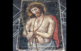 Antique Painting on Canvas of Christ Before His Crucifixion, wearing the Crown of Thorns; unframed,