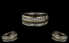 18ct Yellow Gold - Attractive 2 Row Diamond Set Half Eternity Ring,