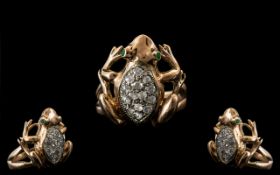 9ct Gold - Pleasing Novelty Well Made Diamond Set Ring, In The Form of a Frog.