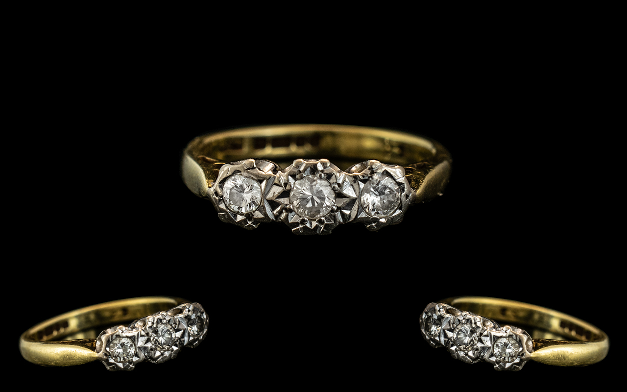 18ct Gold Ladies Dress Ring, Illusion Set Round Brilliant Cut Diamond Trio, Fully Hallmarked,