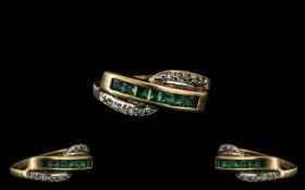 Gold Ladies 9ct Emerald & Diamond Dress Ring, Fully Hallmarked, Gross Weight 2.2g Ring Size M.