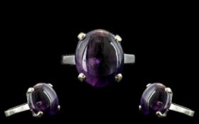 A Vintage 9ct White Gold - Attractive Single Stone Amethyst Set Ring. Marked 9ct - 375 to Interior
