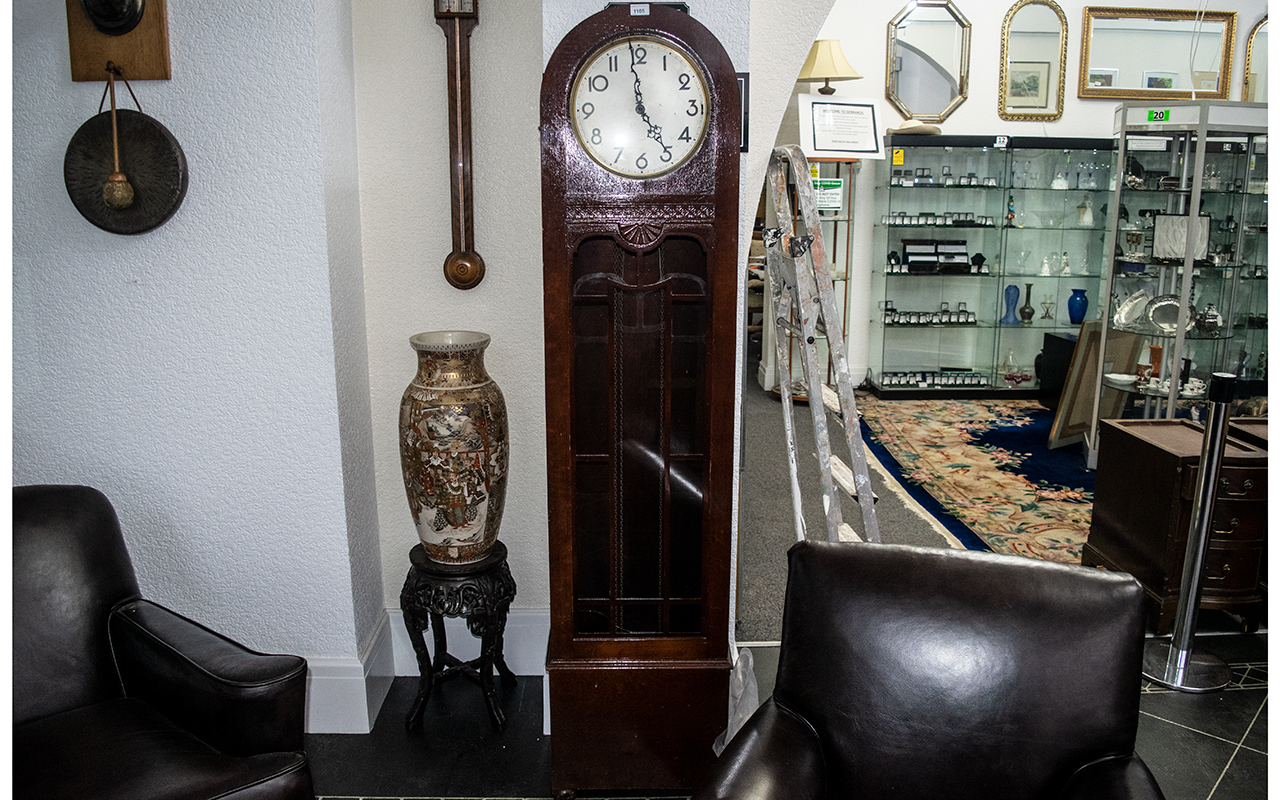 1920s Mahogany Long Case Clock, silvered dial with Arabic numerals, triple weighs, raised front, - Image 2 of 2