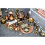 Large Collection of Brass & Copper, including brass and glass candlesticks, copper dishes on stands,