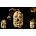 Japanese 19th Century Superbly Carved Double Sided Mask Netsuke.