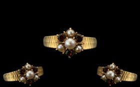 Ladies 9ct Gold Attractive Pearl and Garnet Set Cluster Ring - Flower head Setting.