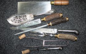 Small Mixed Lot of Kitchen Utensils, horn, wooden and silver handles, including meat cleavers,