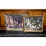 Two Oleographs After Frank Moss Bennett depicting huntsmen feasting in an elegant room setting and