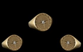 Gents 9ct Gold Diamond Signet Ring, Heavy Gauge Ring Set With A Round Modern Brilliant Cut Diamond,