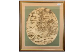 An Oval George III Sampler 'A Map of England 1808'. Modern frame, measures 49 cm x 40 cm.