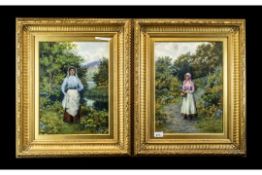 Pair of Fine Watercolour Drawings of Young Girls in an English Woodland Setting, painted in bright,