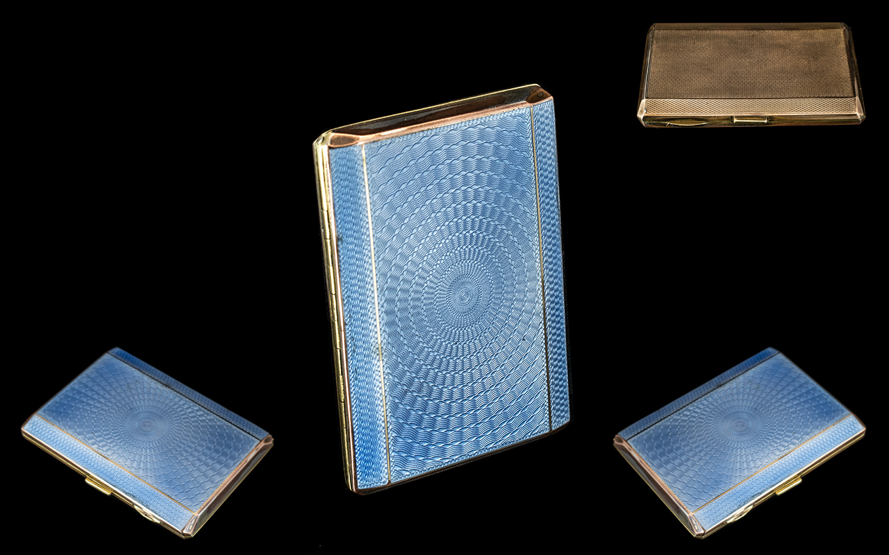 Art Deco Period Healson Superb Quality Blue Enamel on Gold Tone Ladies Cigarette Case.