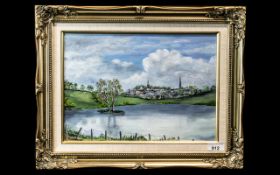 Oil on Canvas by E Monteith, a view of Dungannon, Ireland, entitled 'The Three Churches,