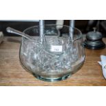 Large Glass Punch Bowl with twelve handled glasses and a large glass serving ladle.
