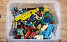 Box of Miniature Matchbox Die Cast Model Cars, trucks, buses, trains, etc.