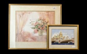 Signed Print 'Peach Glow' by Celia Russell, mounted and framed behind glass with a gilt swept frame,