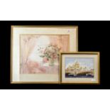 Signed Print 'Peach Glow' by Celia Russell, mounted and framed behind glass with a gilt swept frame,