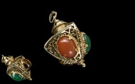 9ct Gold Fob Pendant In The Form Of A Lantern Set With Three Hard Stones,