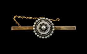 Antique Period Attractive 9ct Gold Diamond & Pearl Set Brooch, with safety chain.