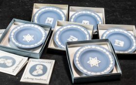 Wedgwood Blue Jasper - six round dishes, four Menorah and two Star of David.