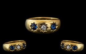Edwardian Period 1902 - 1910 18ct Gold Sapphire and Diamond Set Ring, Gypsy Setting.