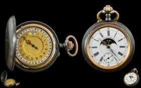 Rare Gun Metal Double Dial Calendrier Breveté Pocket Watch 53mm Gun Metal And Gold Plated Calendar