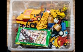 Box of Farm Vehicles, Accessories and Animals, including tractors, combine harvesters, fencing, etc.