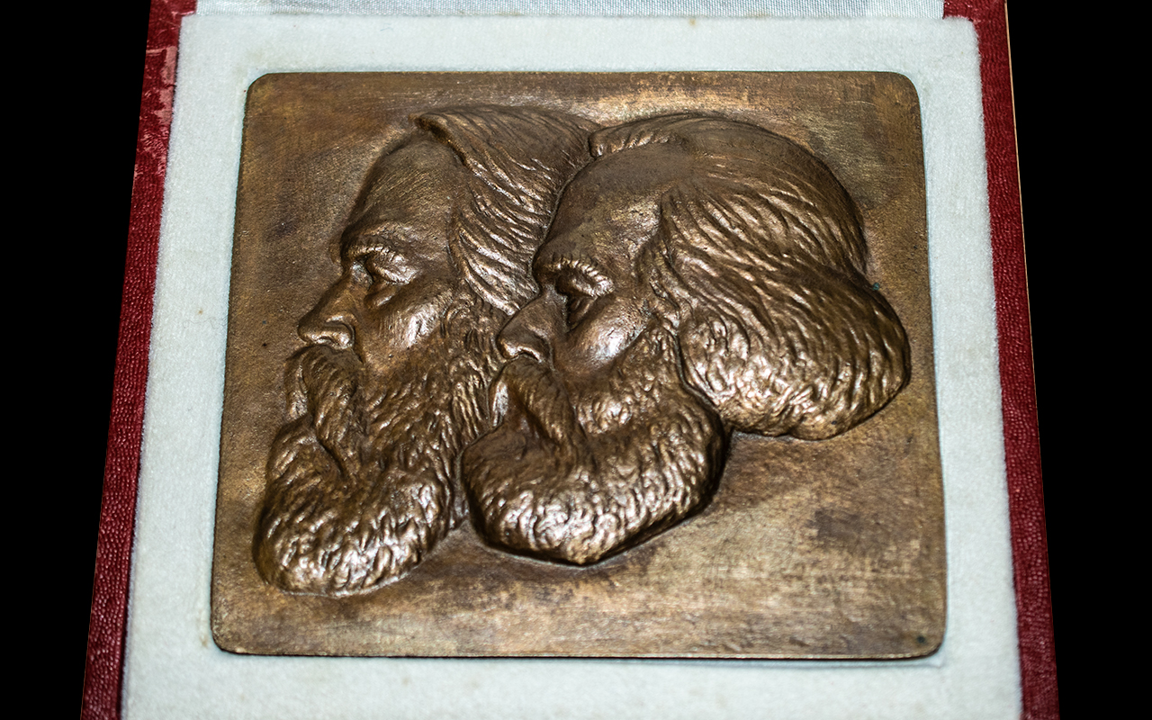 Lenin Bronze Mask Plaque, housed in red leather fitted case. Measures 6" x 5.5".