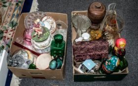 Two Boxes of Collectibles, comprising assorted glass vases, bowls, plates, mugs, cake stand, etc.