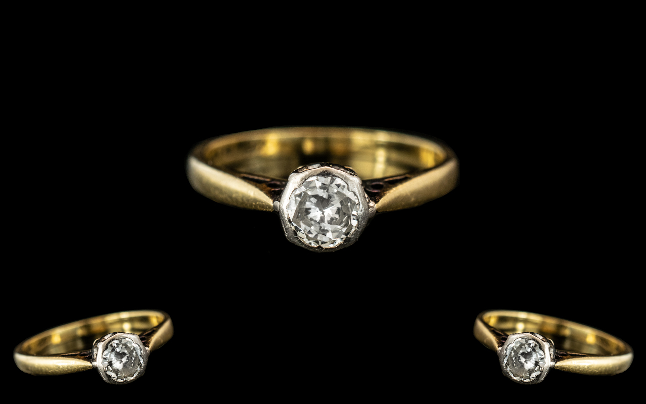 9ct Gold & Platinum Round Brilliant Cut Diamond Solitaire Ring In Rub Over Setting,