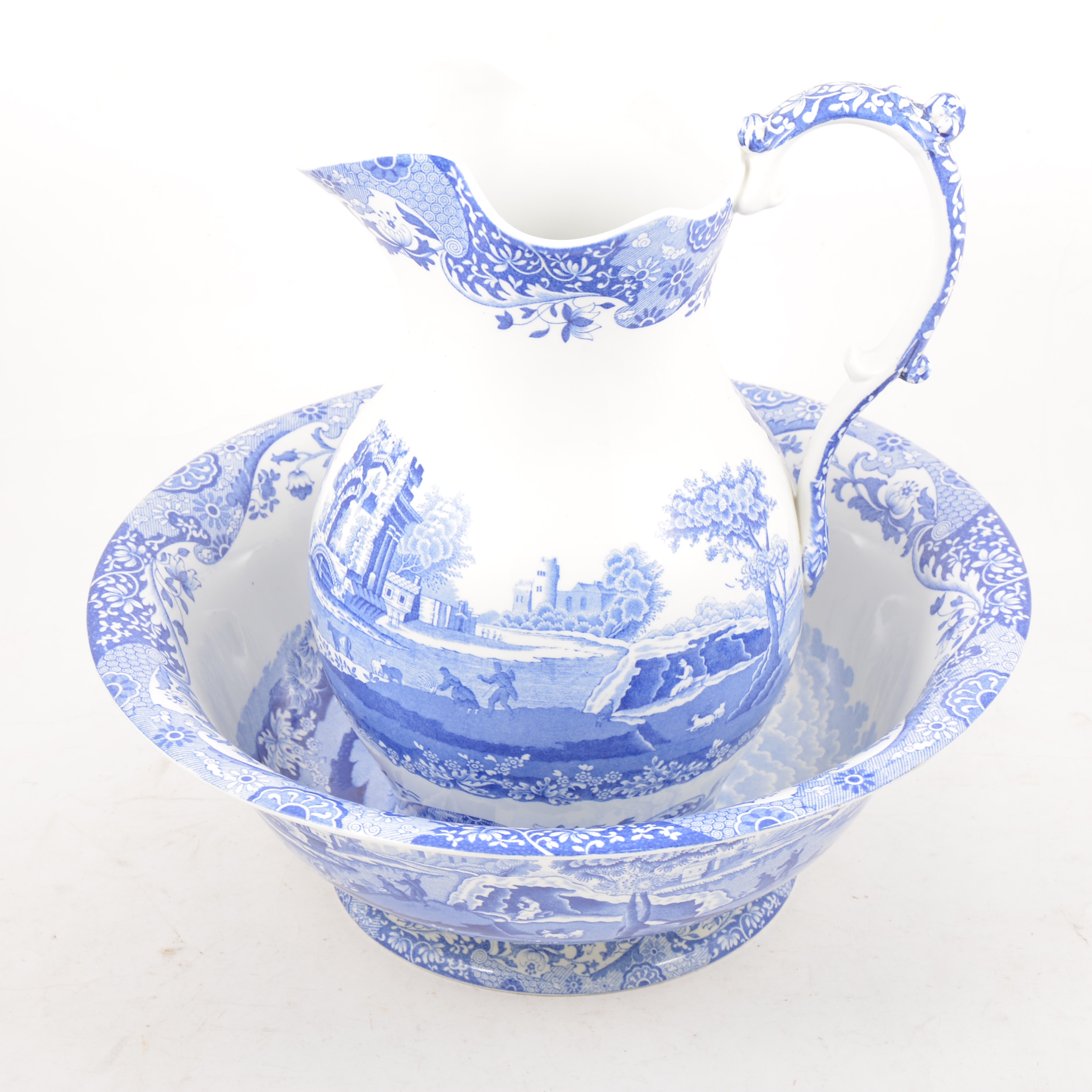 A large Spode 'Italian' pattern blue and white jug and bowl.
