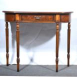 Walnut console table, D shaped top with crossbanding, frieze drawer, fluted legs, width 92cm, depth