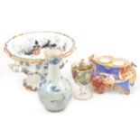 A quantity of decorative ceramics including Asian stoneware bottle vase, deskstand, etc