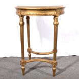 Gilt extending mirror-topped occasional table and similar stool with teal upholstered top