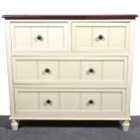 Modern part painted small sideboard, painted domed trunk and two framed prints