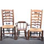 Two Lancashire ladder back chairs and a child's chair
