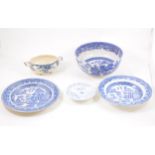 A collection of Victorian blue and white plates and other similar pottery