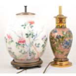 Doulton-style Faience vase, adapted to a lamp base, and another lamp base