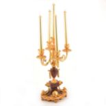 French ormolu and rouge marble five-light candelabra,