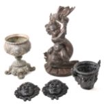 A collection of metal wares, to include pewter plates, metal jardiniere, bust, bells etc.