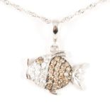 A chocolate and white diamond novelty fish pendant and chain.