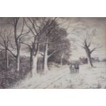 Ambrose John Sellick, winters lane with horses, signed sepia watercolour.