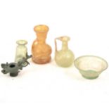 Roman type glassware, and a patinated metal Roman style oil lamp