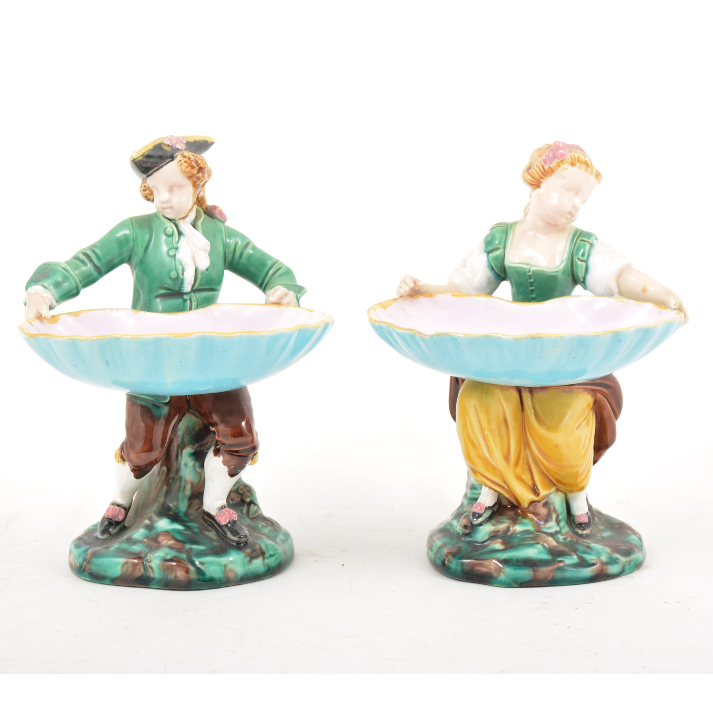 A pair of Minton Majolica figural salts.