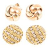 A pair of 9 carat yellow, red and white gold 12.5mm stud earrings and another pair.